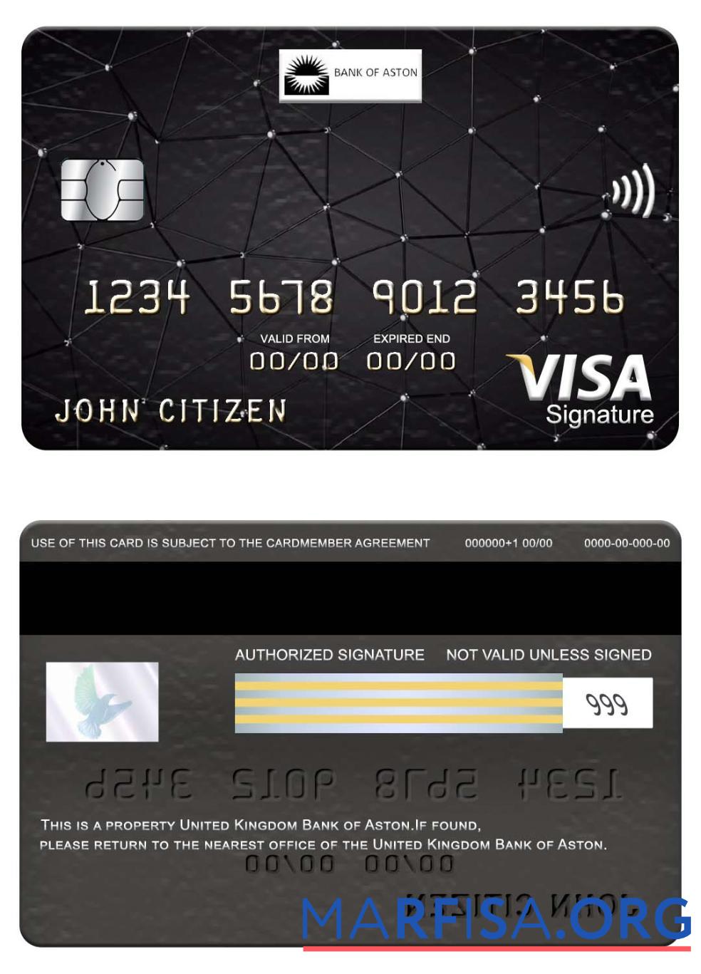 Blank United Kingdom Bank of Aston visa signature card sample